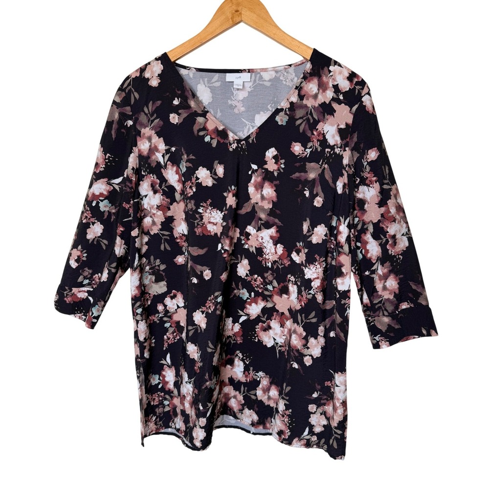 J. Jill Blouse M Black Pink Floral Watercolor V-Neck 3/4 Slv Rayon Blend Tunic